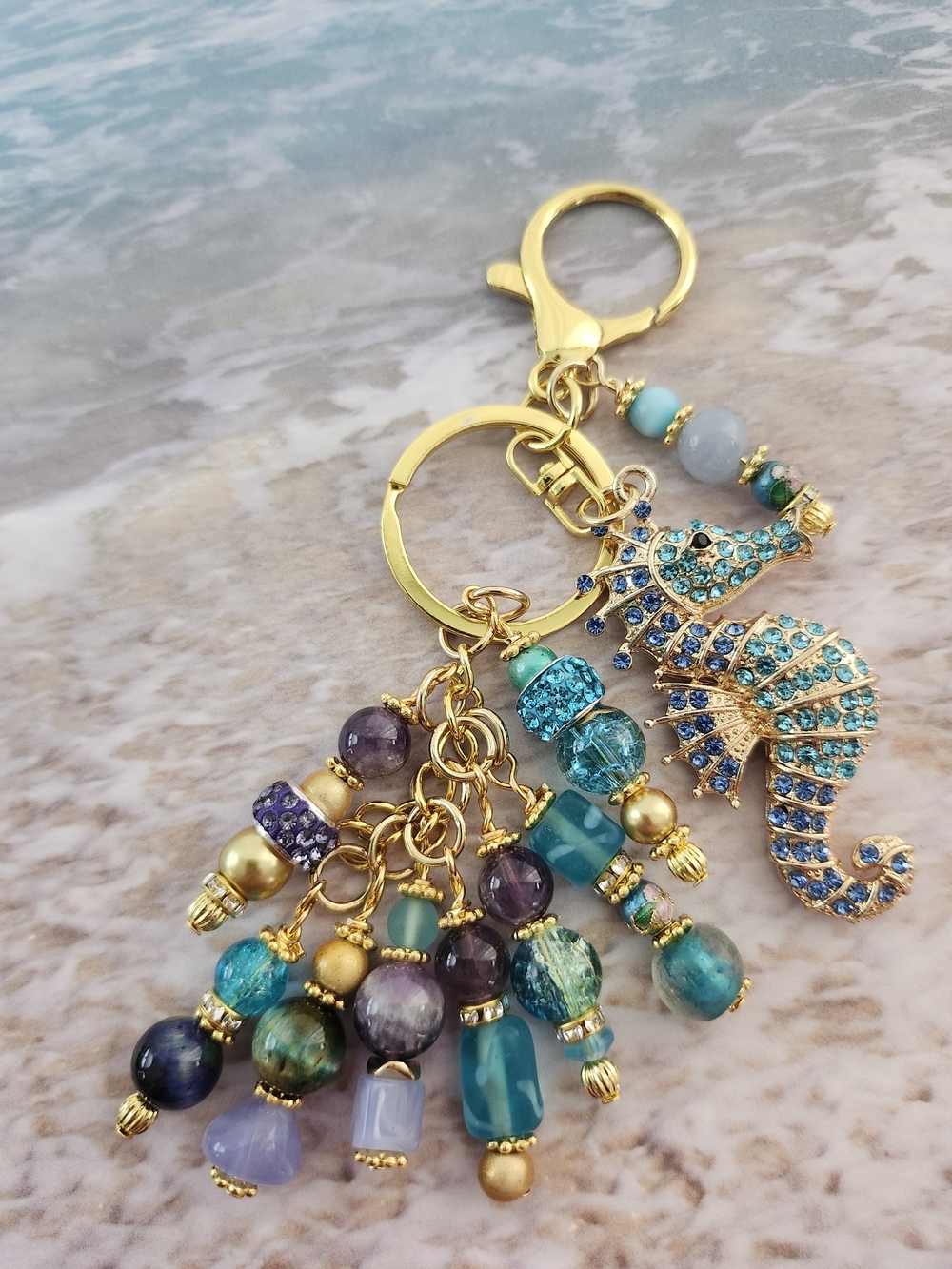 Seahorse Purse Charm or Keychain Arora Tigereye Amethyst Handcrafted